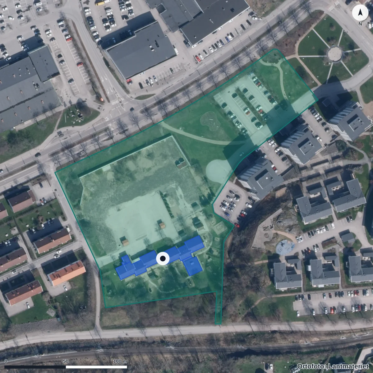 Flygbild över Parkens Förskola, ortofoto från Lantmäteriet