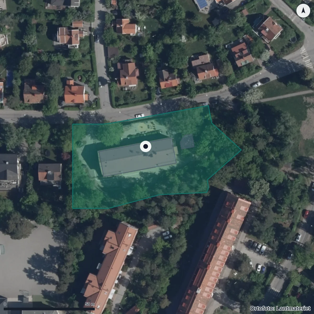 Flygbild över Förskolan Nyängsvägen 21, ortofoto från Lantmäteriet