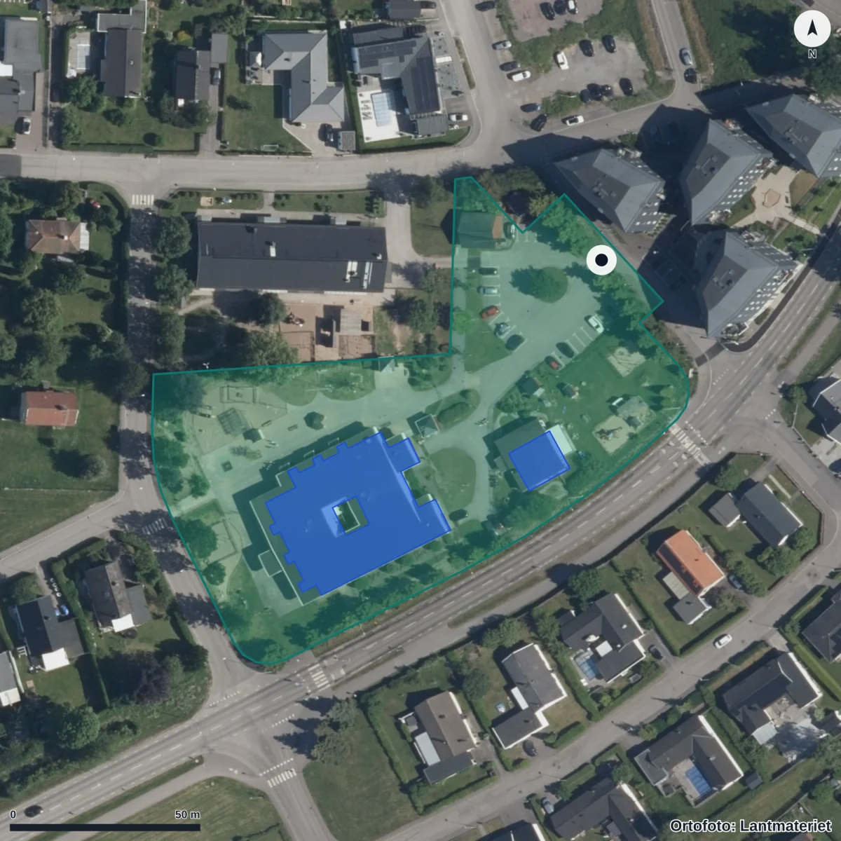 Flygbild över Kompassens Förskola, ortofoto från Lantmäteriet