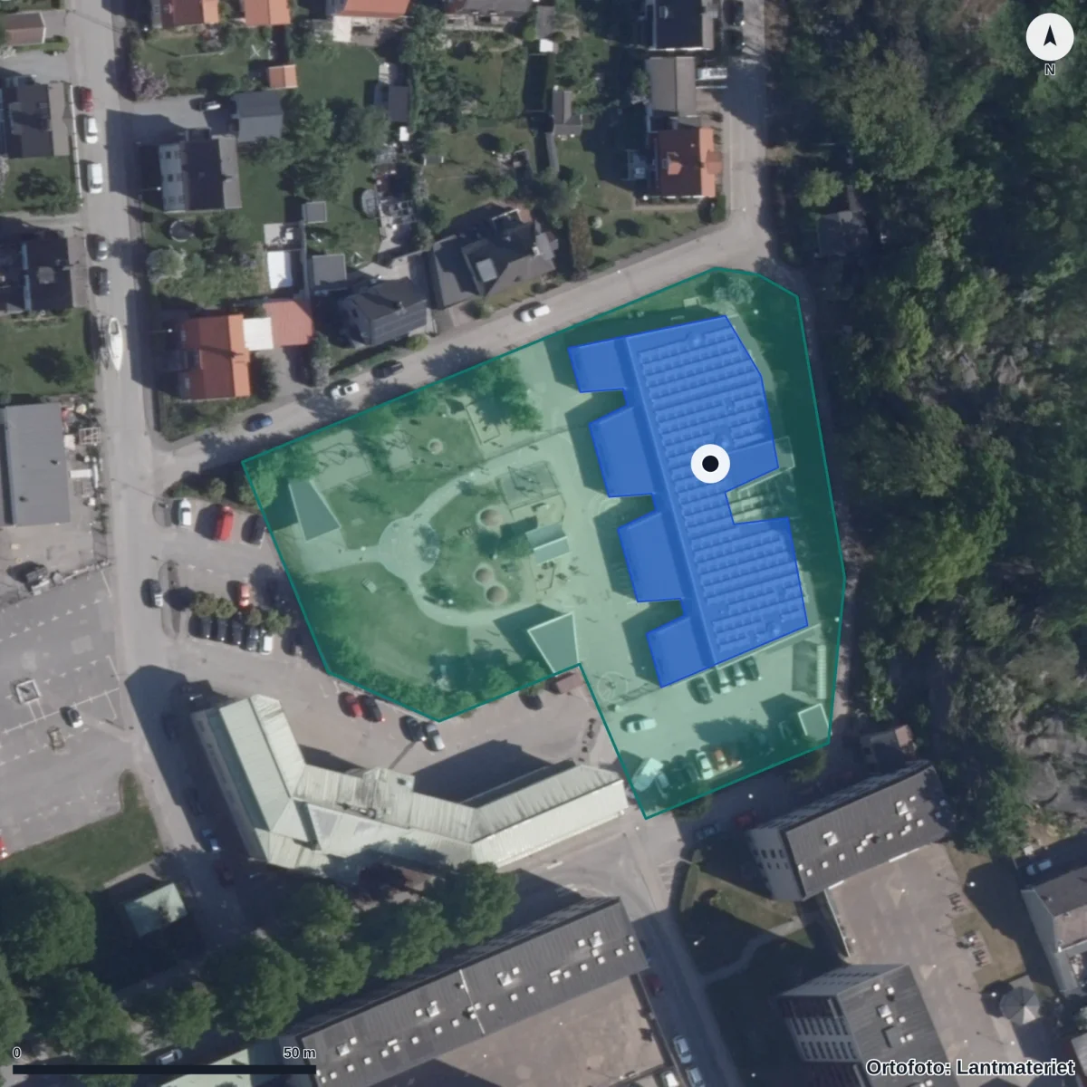 Flygbild över Norreports Förskola, ortofoto från Lantmäteriet