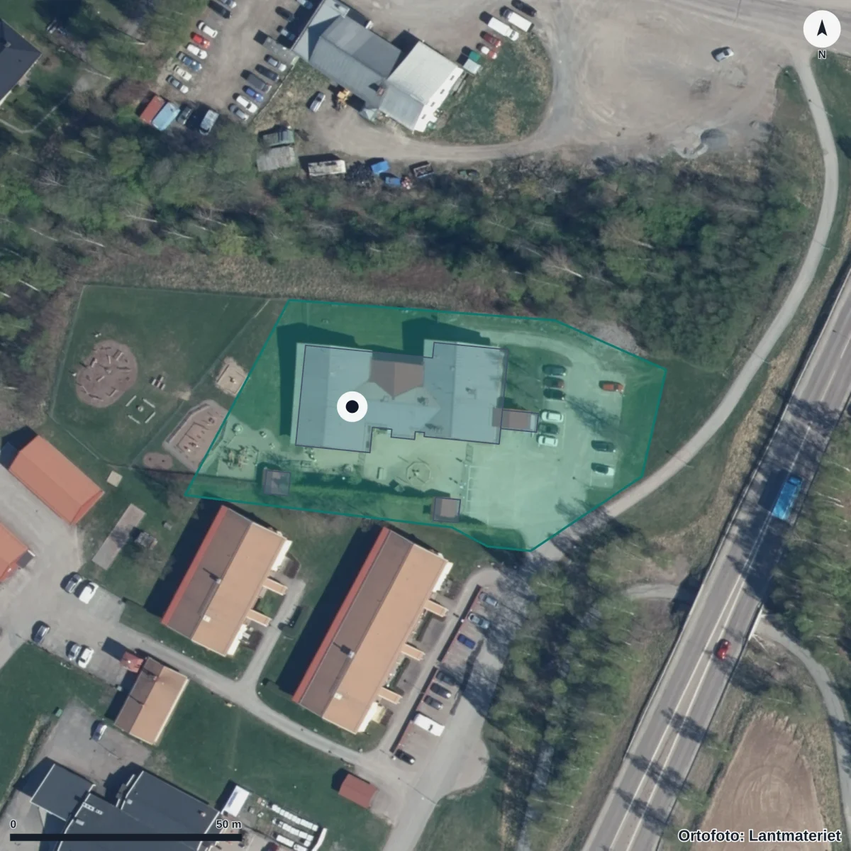 Flygbild över Storhaga Förskola, ortofoto från Lantmäteriet