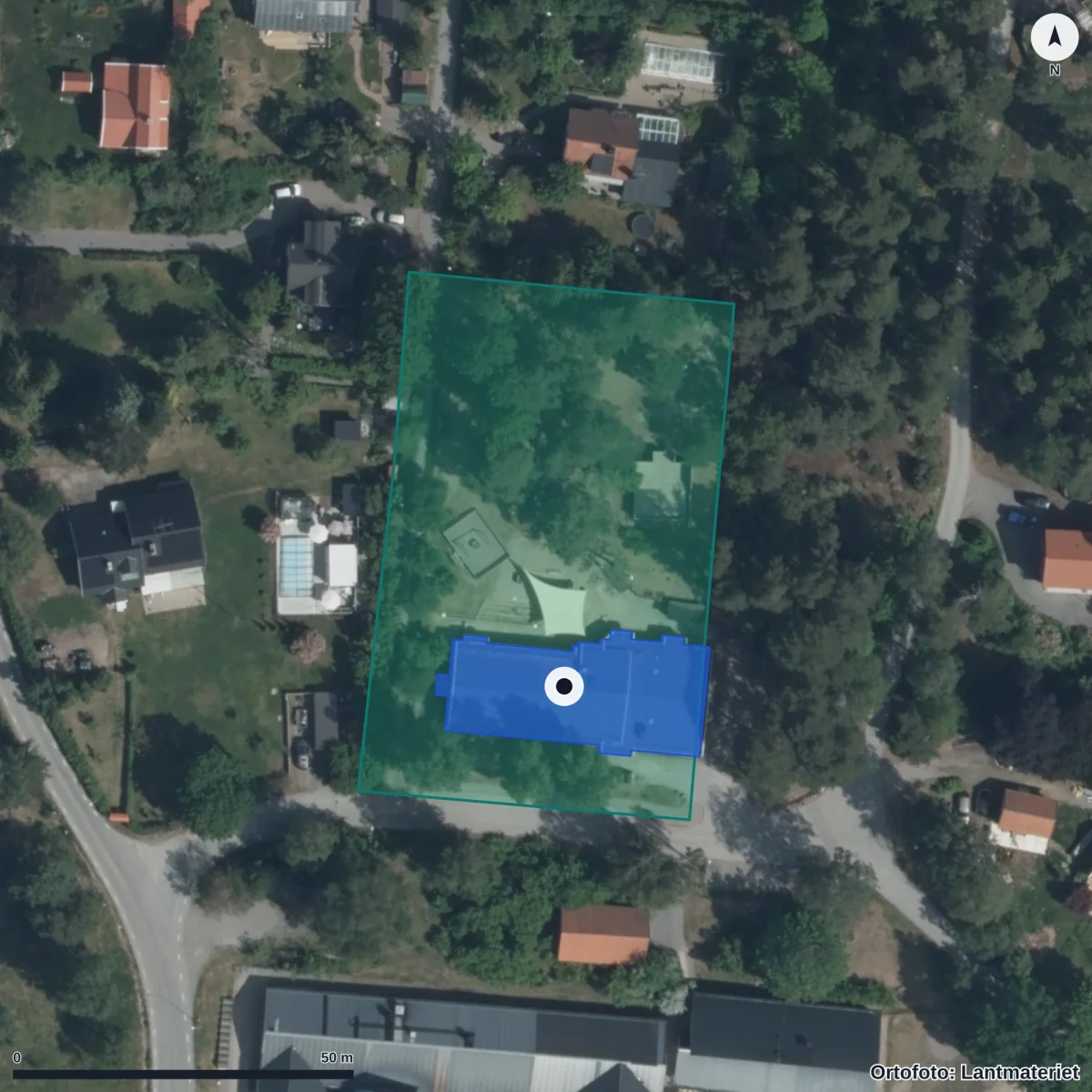 Flygbild över Sundby Förskola, ortofoto från Lantmäteriet