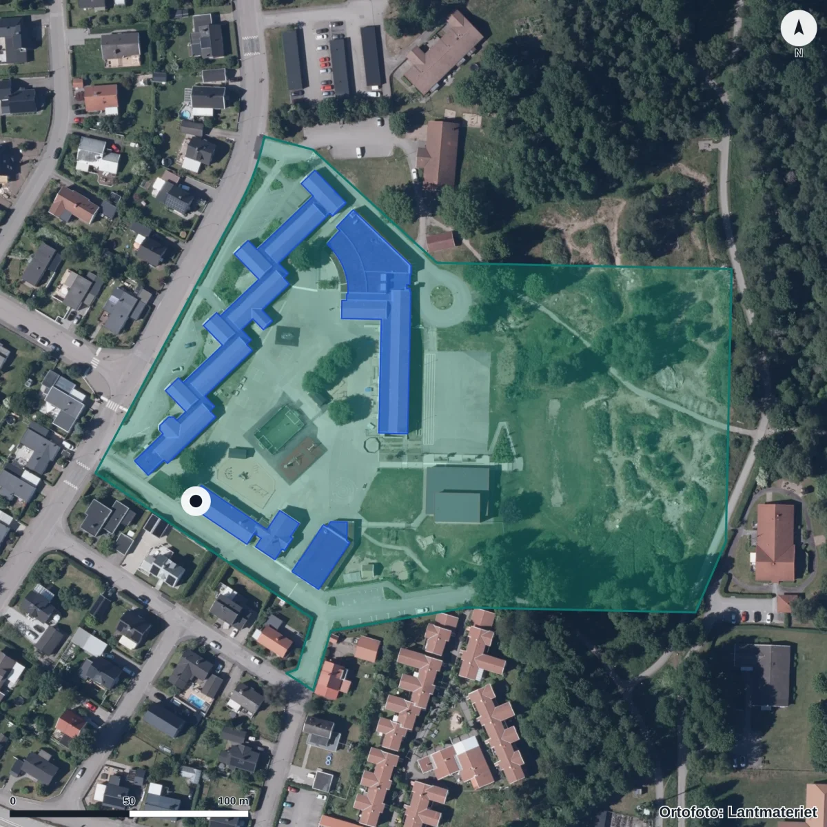 Flygbild över Lillestad Förskola, ortofoto från Lantmäteriet