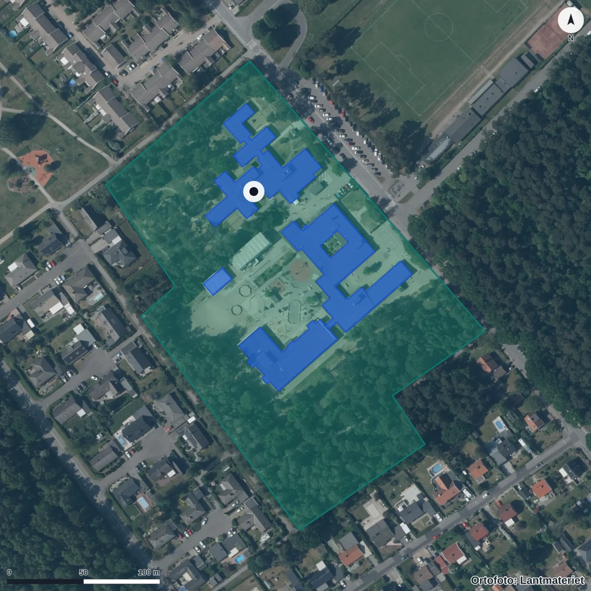 Flygbild över Ljunggårdens Förskola, ortofoto från Lantmäteriet