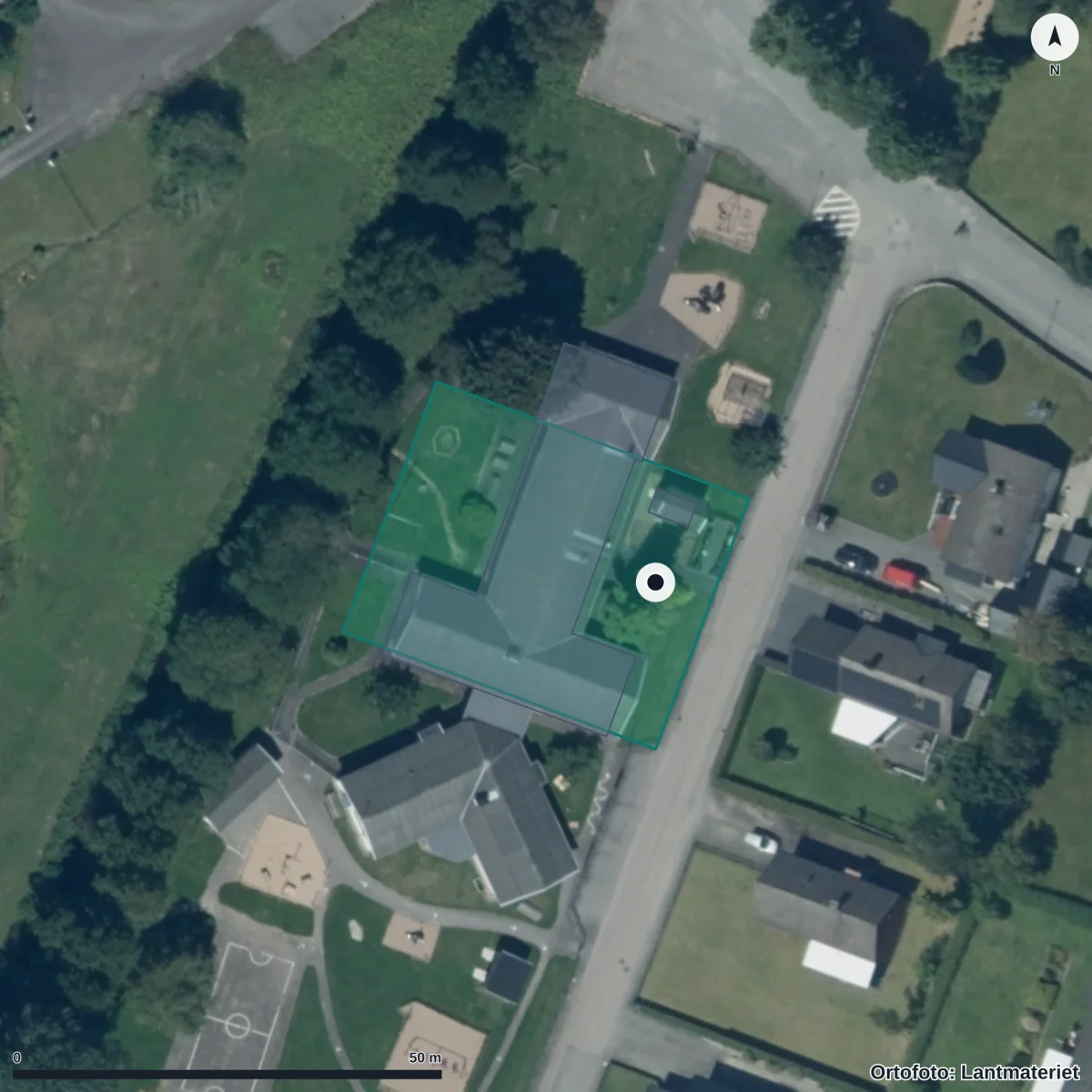 Flygbild över Trollbäckens Förskola, ortofoto från Lantmäteriet