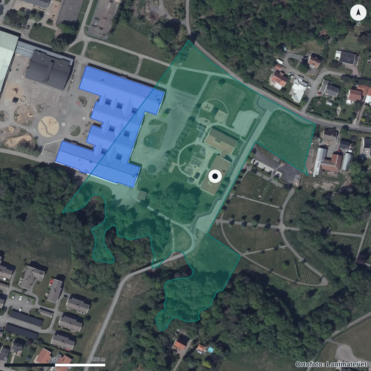 Flygbild över Storgårdens Förskola, ortofoto från Lantmäteriet
