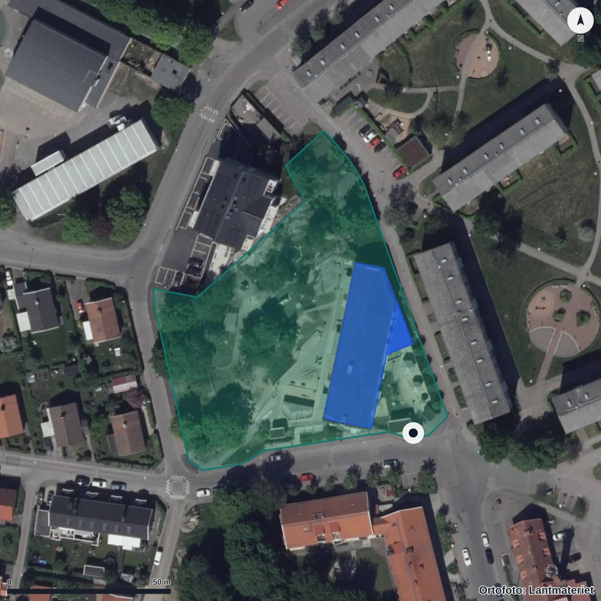 Flygbild över Korsklevegatan 1 Förskola, ortofoto från Lantmäteriet