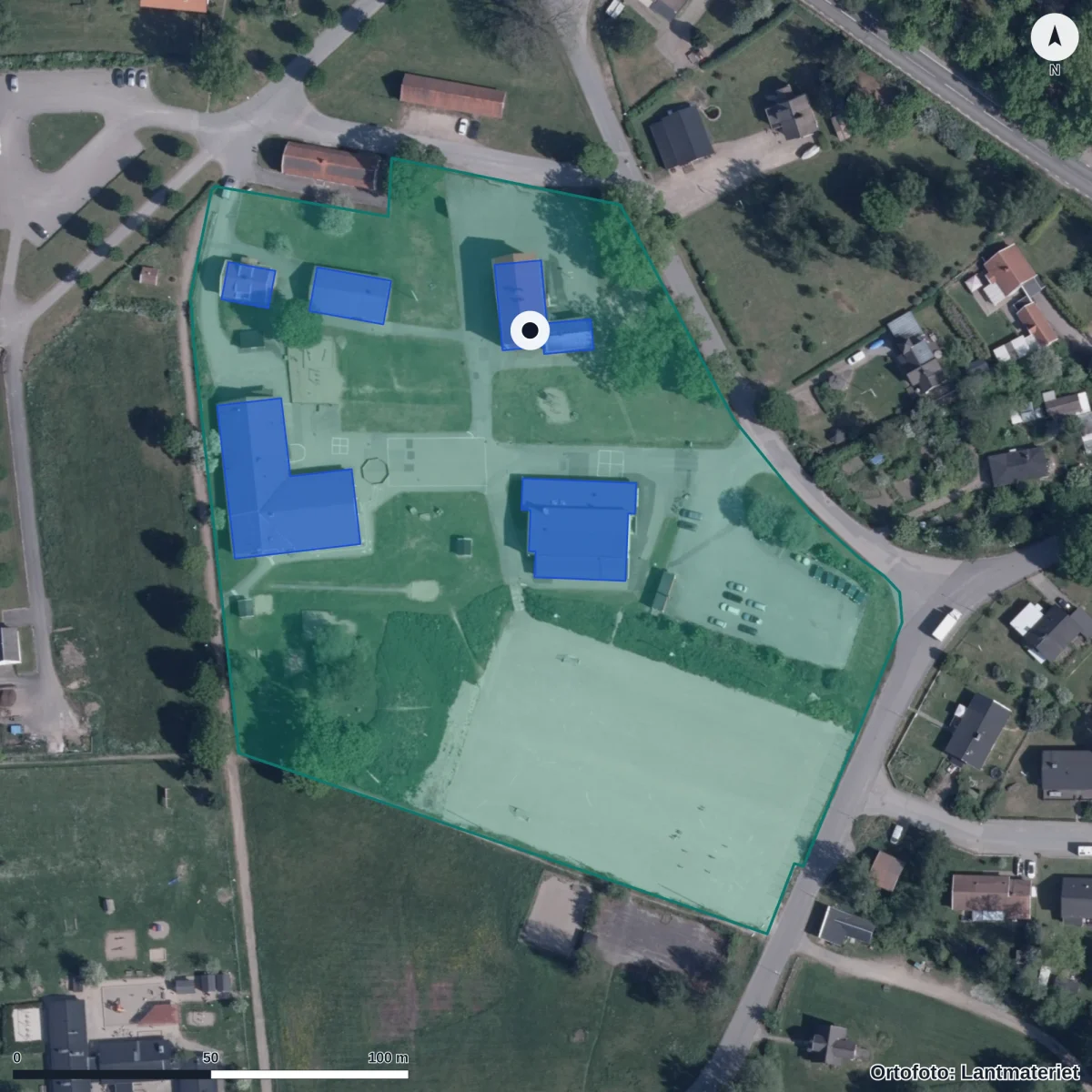 Flygbild över Fridlevstad Förskola Gomorronsol, ortofoto från Lantmäteriet