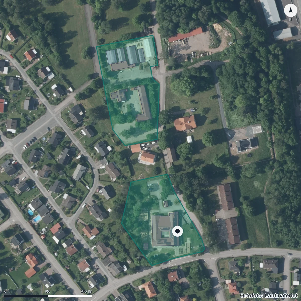 Flygbild över Ängaryds Förskola, ortofoto från Lantmäteriet