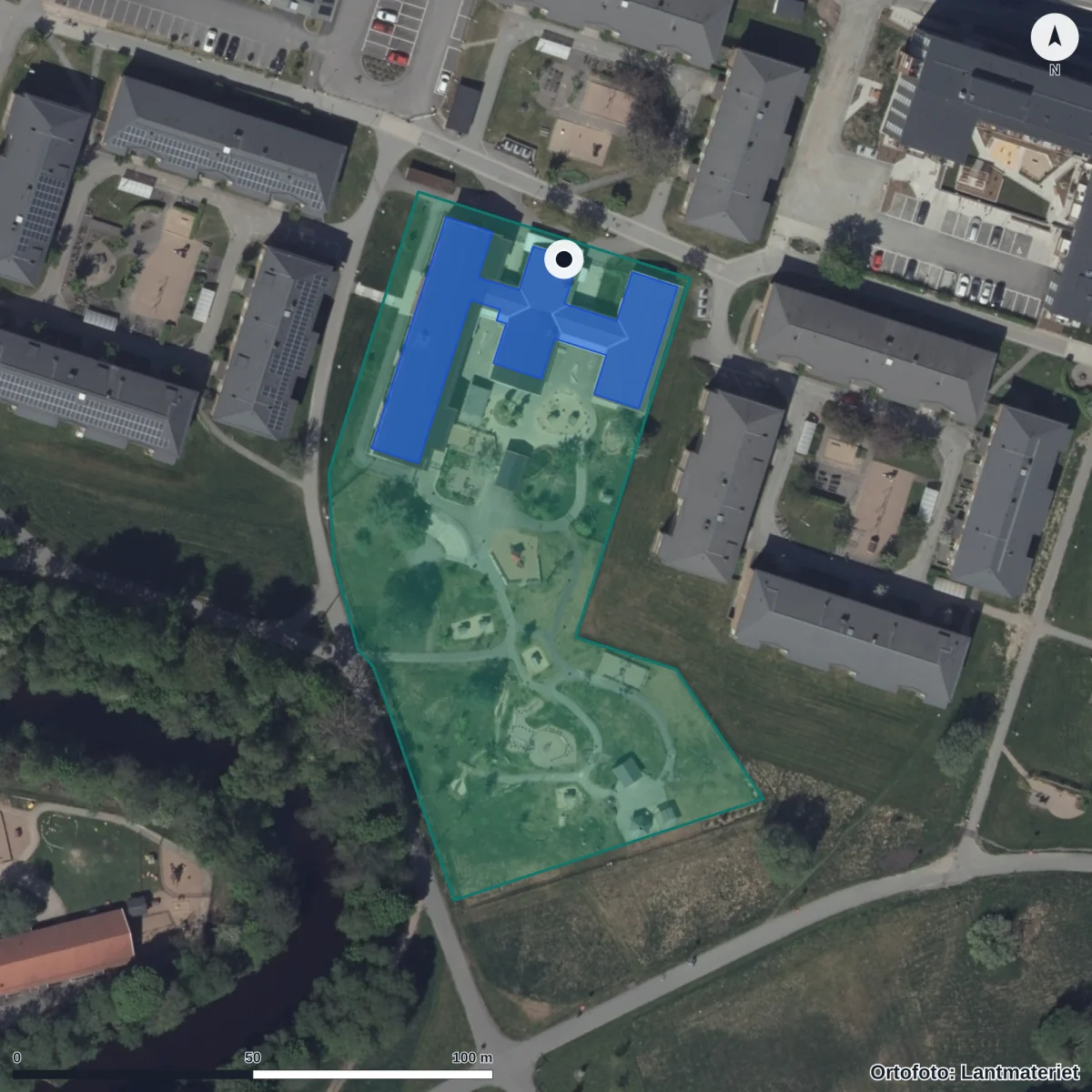Flygbild över Brogårdens Förskola, ortofoto från Lantmäteriet