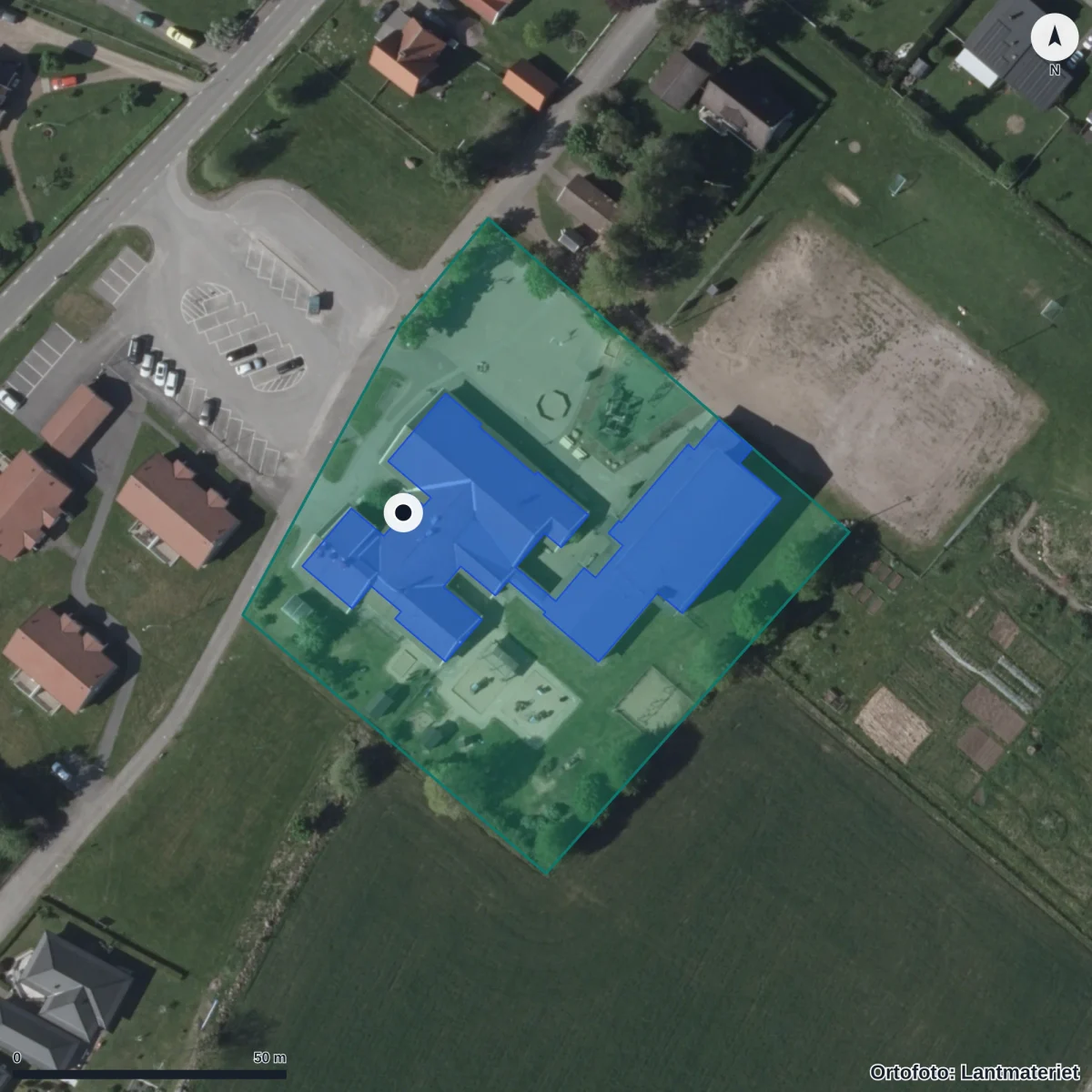 Flygbild över Broddetorps Förskola, ortofoto från Lantmäteriet