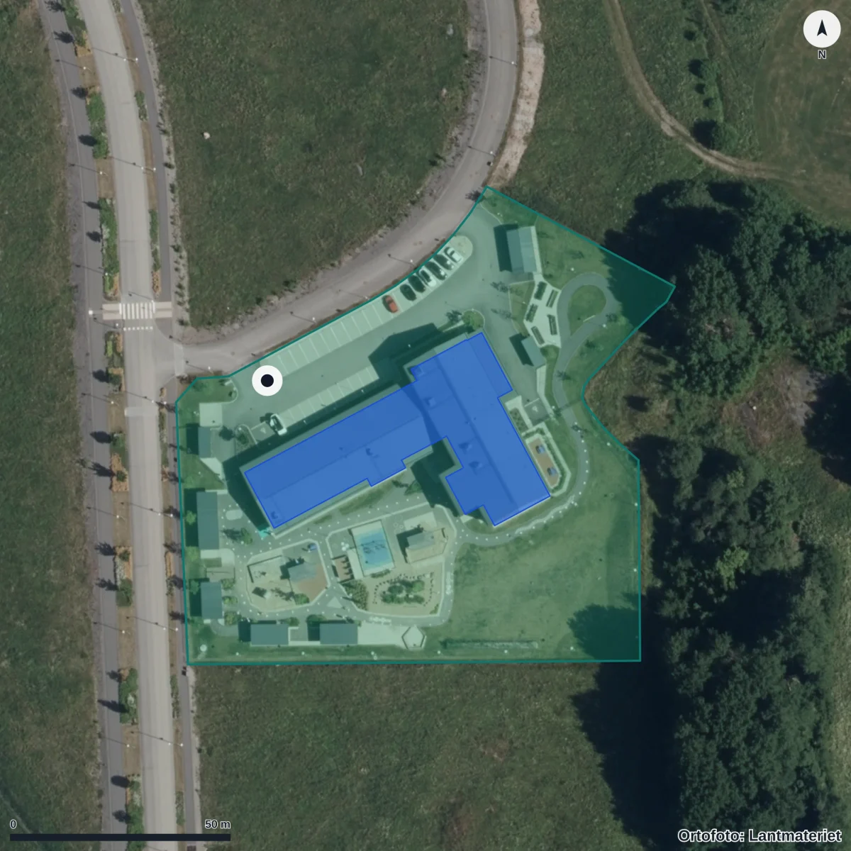 Flygbild över Björkalund Förskola, ortofoto från Lantmäteriet