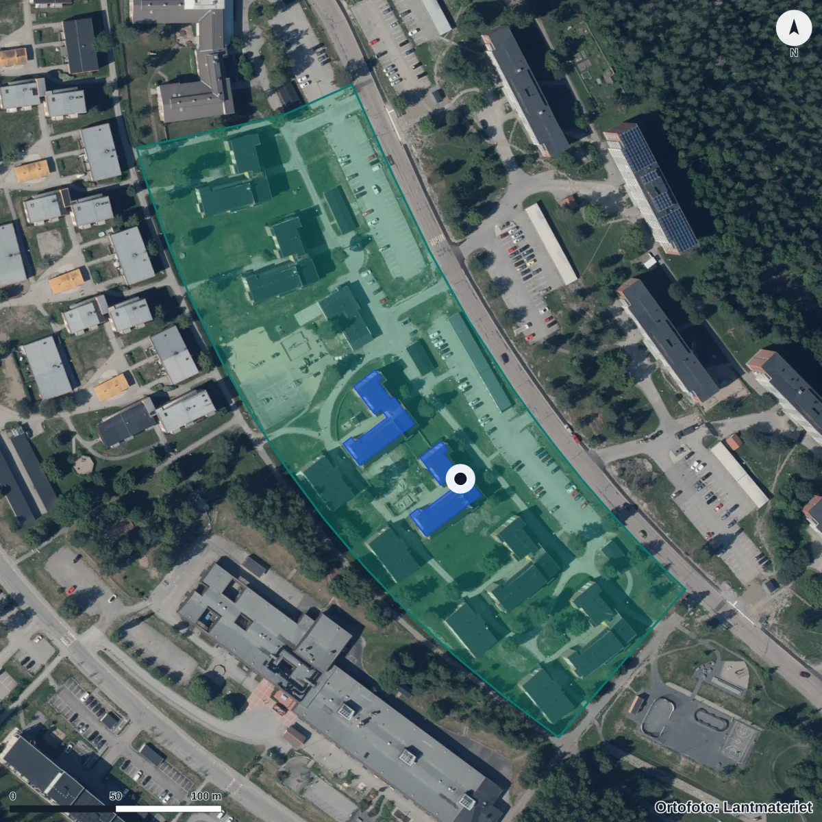 Flygbild över Stjärnans Förskola, ortofoto från Lantmäteriet