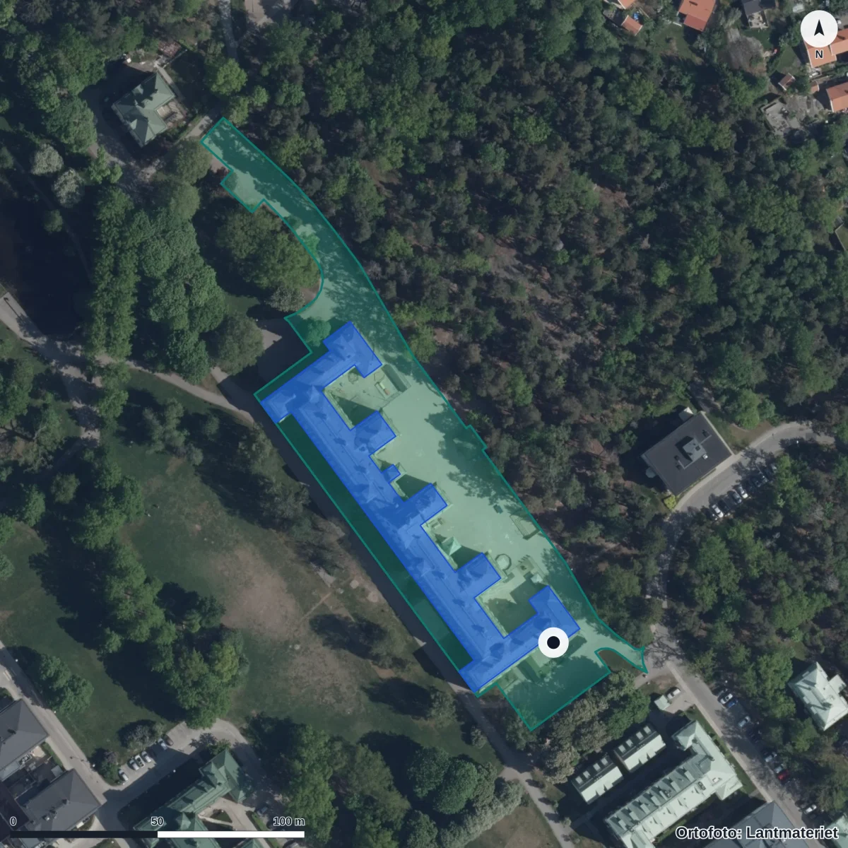 Flygbild över Förskolan Metapontum, ortofoto från Lantmäteriet