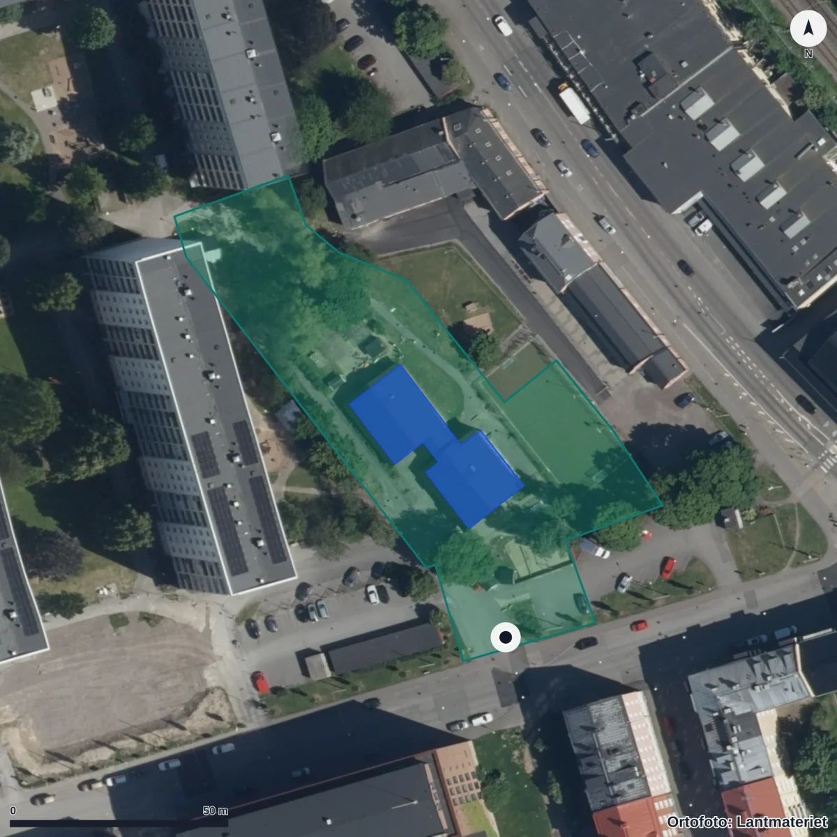 Flygbild över Järnvägens Förskola, ortofoto från Lantmäteriet