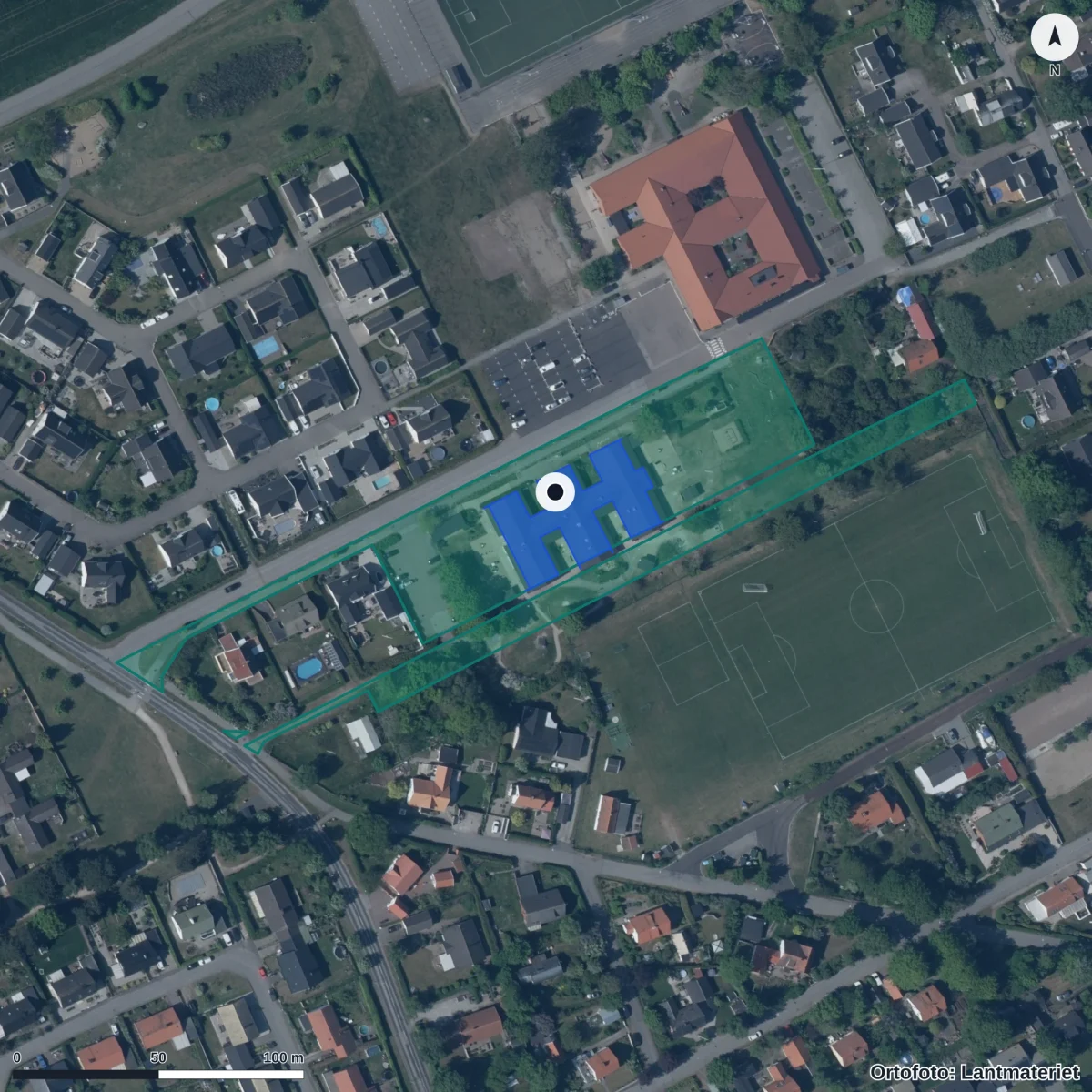 Flygbild över Smygehamns Förskola, ortofoto från Lantmäteriet