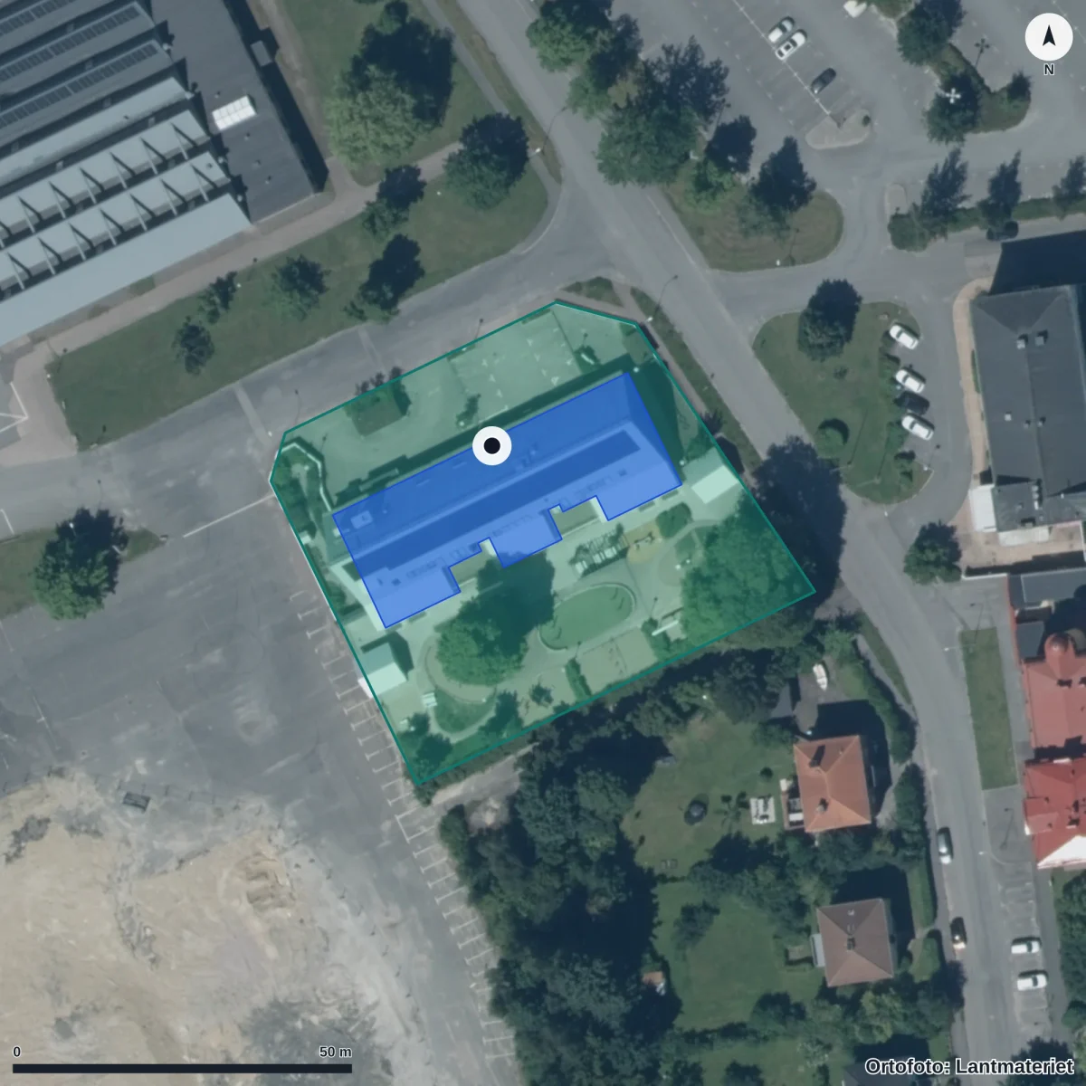Flygbild över Uddegårdens Förskola, ortofoto från Lantmäteriet