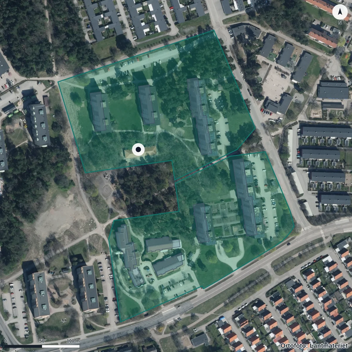 Flygbild över Knattekompaniets Förskola, ortofoto från Lantmäteriet