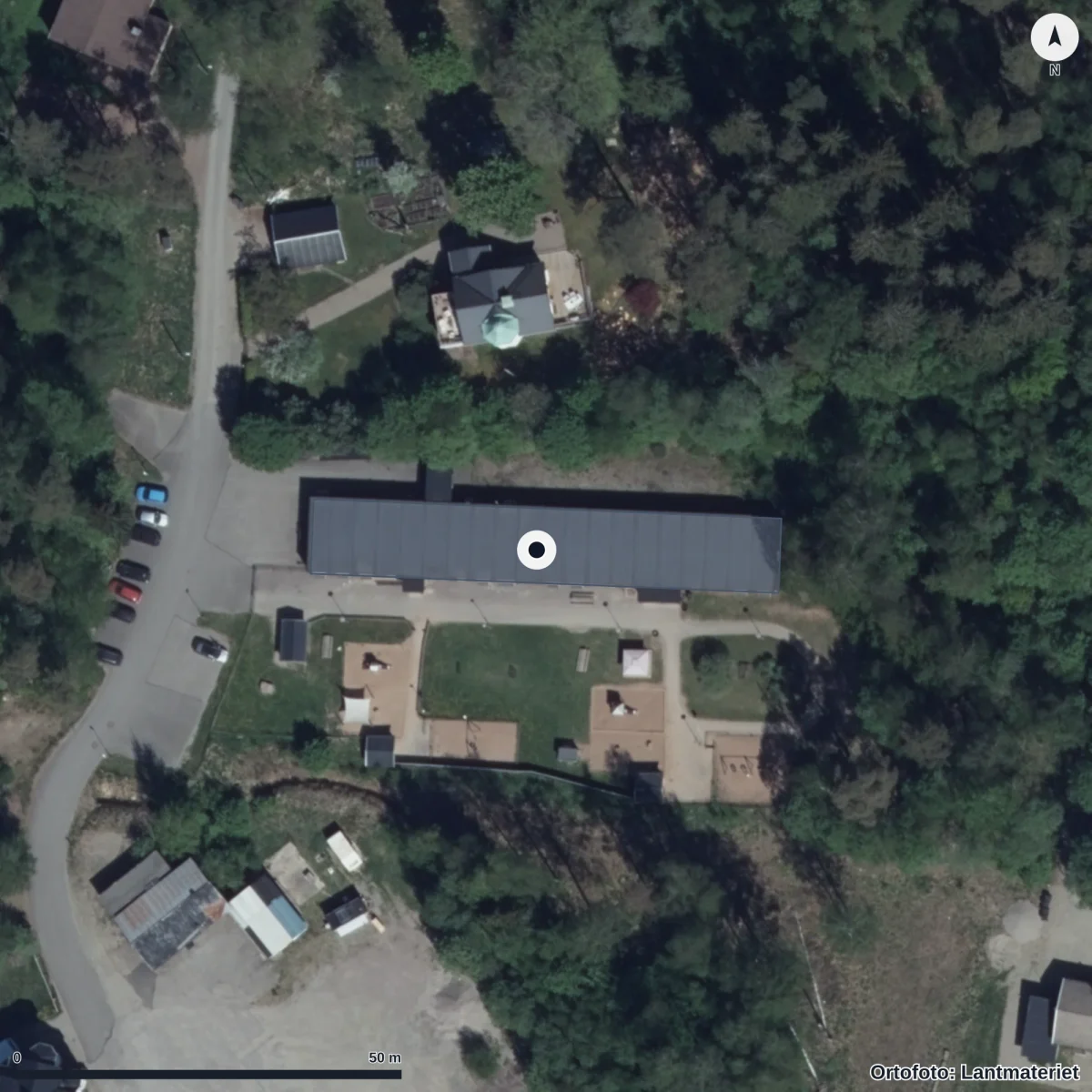 Flygbild över Sjögårdens Förskola, ortofoto från Lantmäteriet