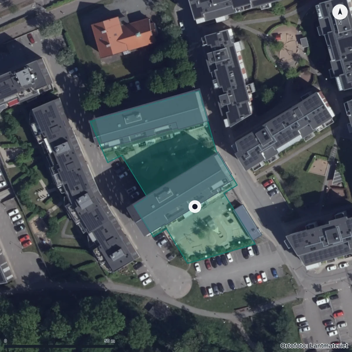 Flygbild över Soldathemsgatan 19 Förskola, ortofoto från Lantmäteriet