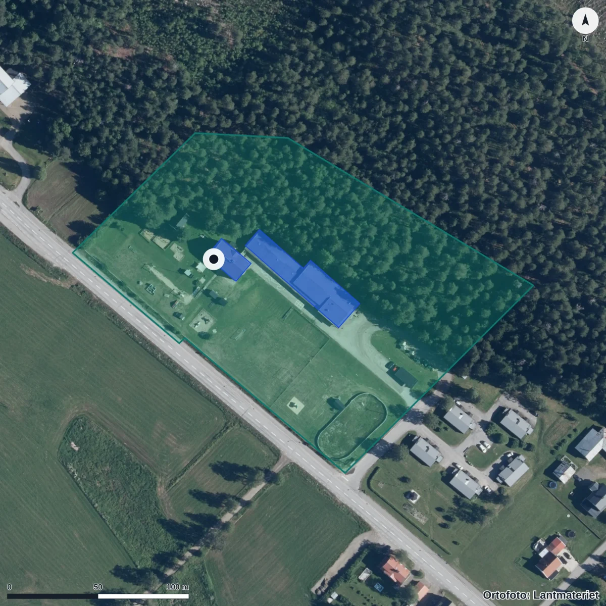 Flygbild över Granö Småbarnsskola, ortofoto från Lantmäteriet