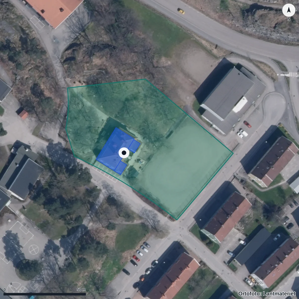 Flygbild över Dahlgrenska Förskolan, ortofoto från Lantmäteriet