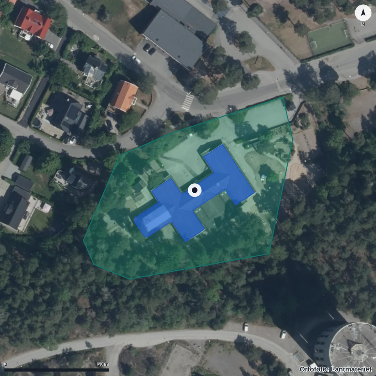 Flygbild över Blombacka Förskola, ortofoto från Lantmäteriet