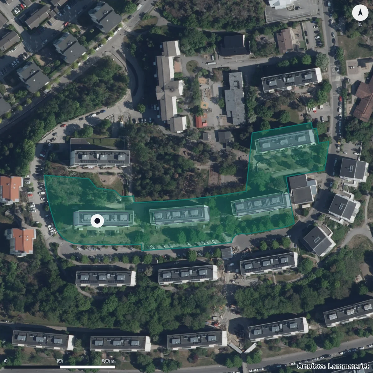 Flygbild över Förskolan Matrix, ortofoto från Lantmäteriet