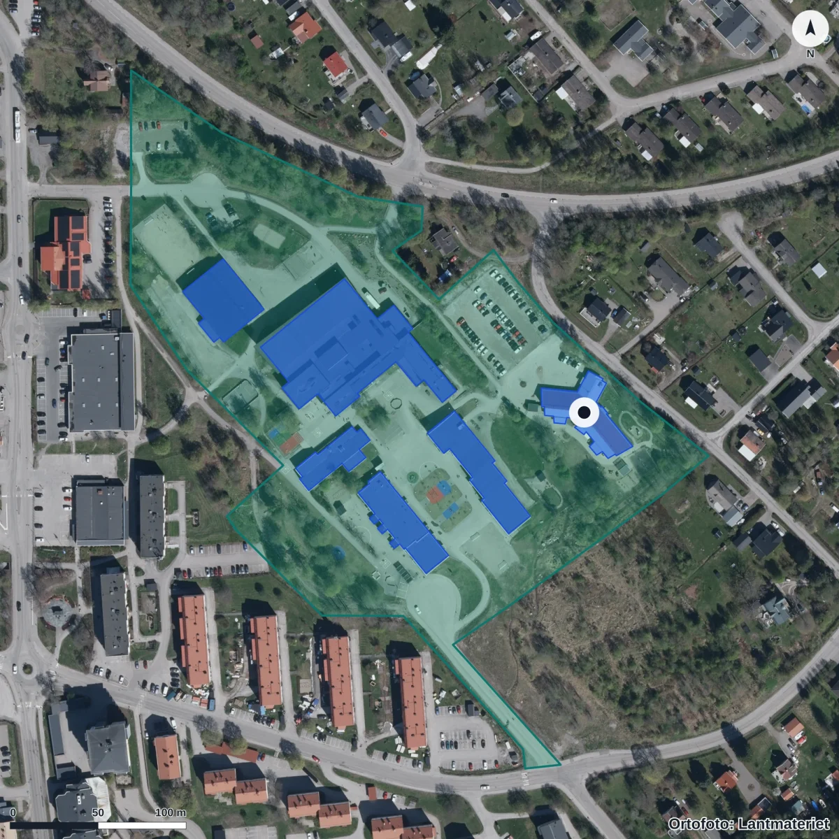 Flygbild över Vibacke Förskola, ortofoto från Lantmäteriet