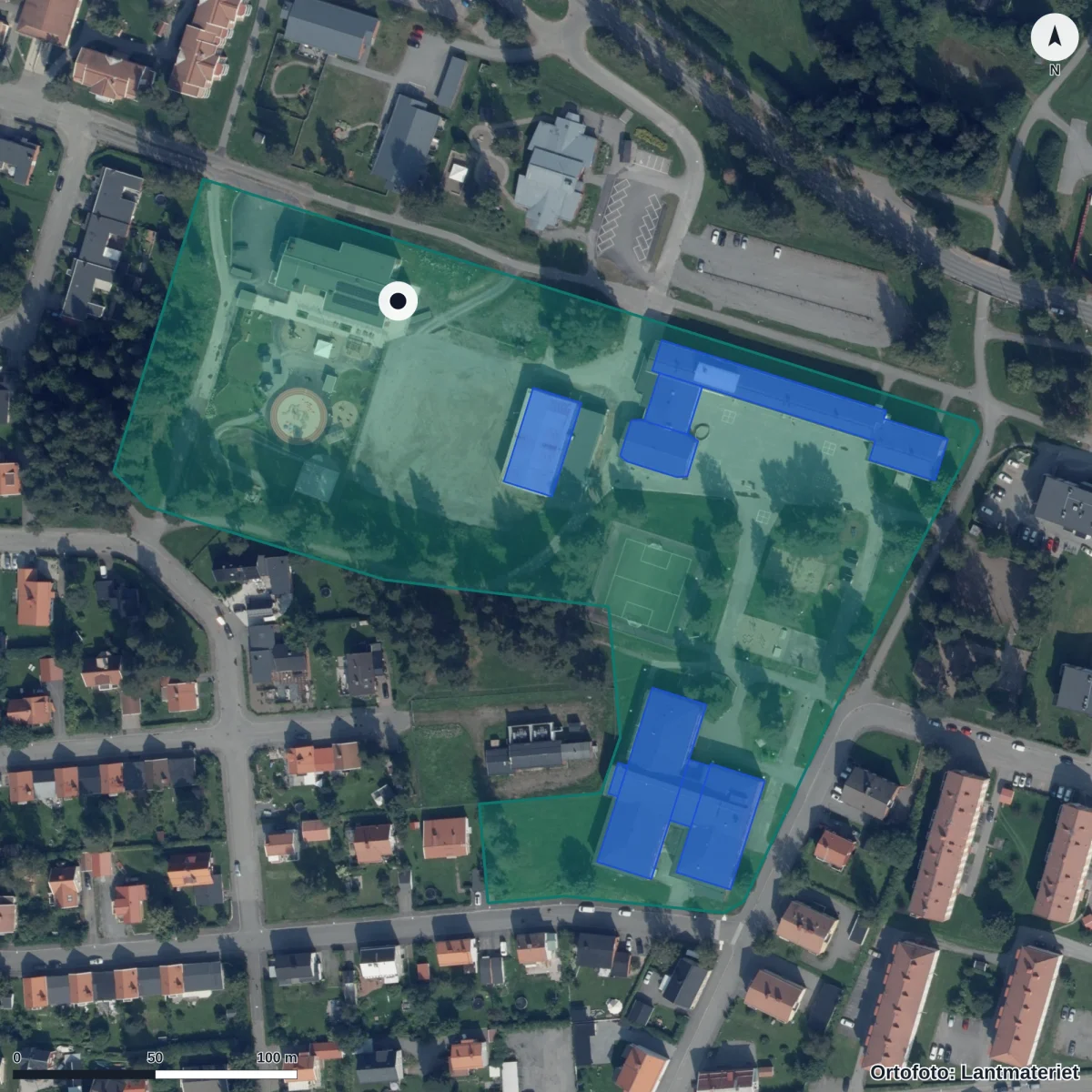 Flygbild över Norrhammars Förskola, ortofoto från Lantmäteriet