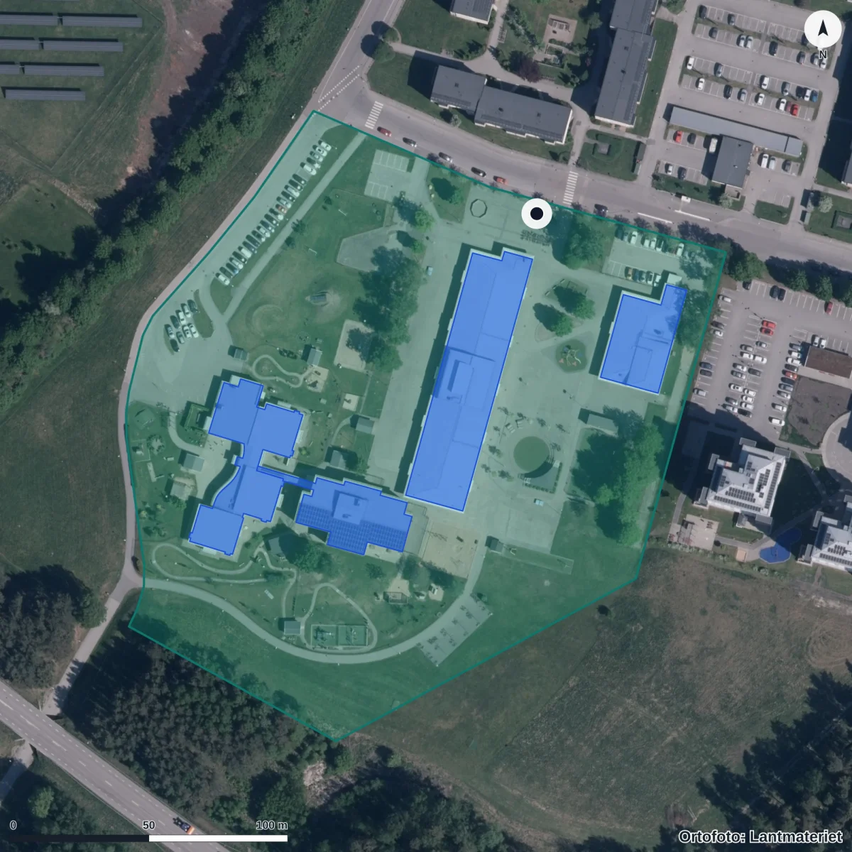 Flygbild över Lidåkers Förskola, ortofoto från Lantmäteriet