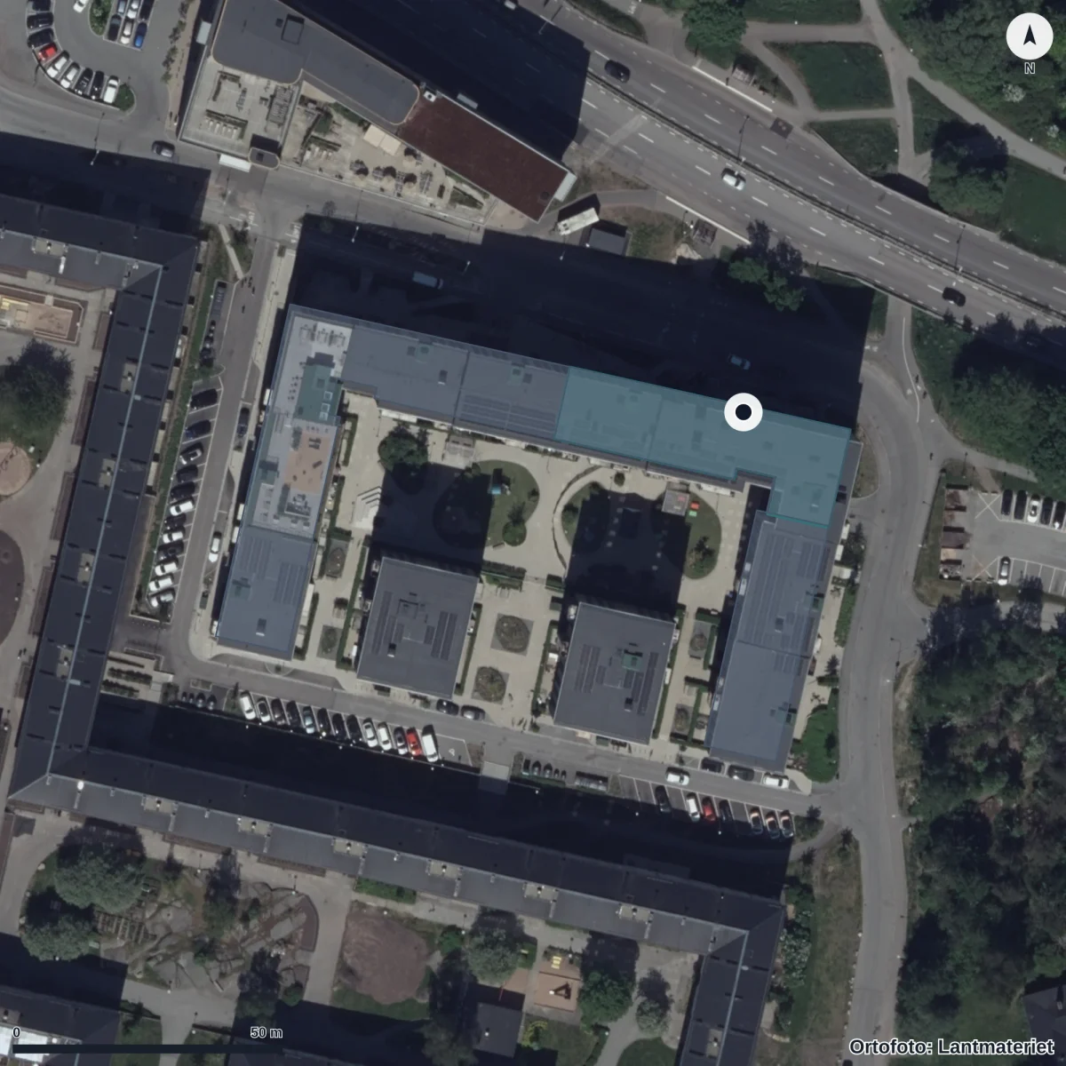 Flygbild över Sjupundsgatan 33 Förskola, ortofoto från Lantmäteriet