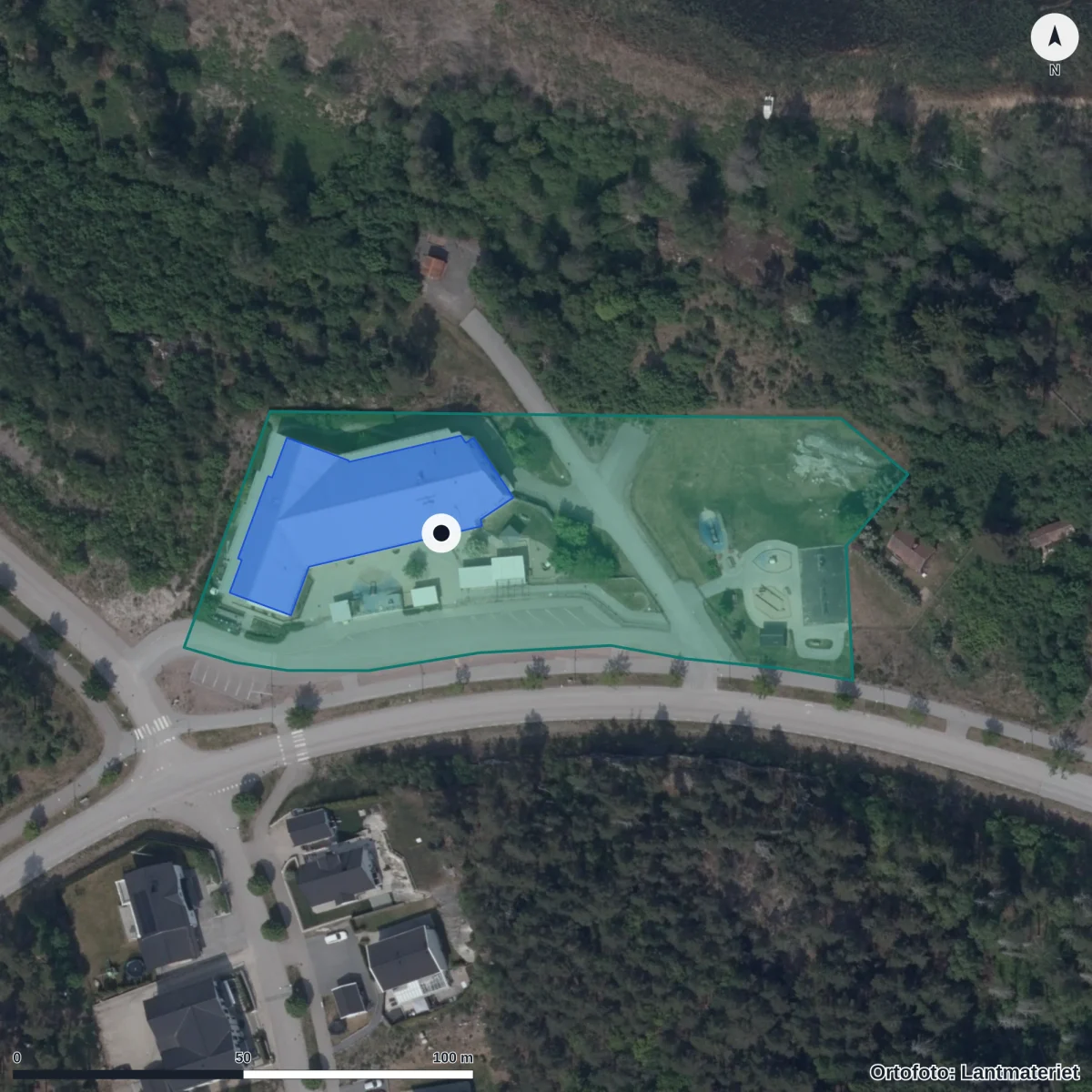 Flygbild över Kompassens Förskola, ortofoto från Lantmäteriet