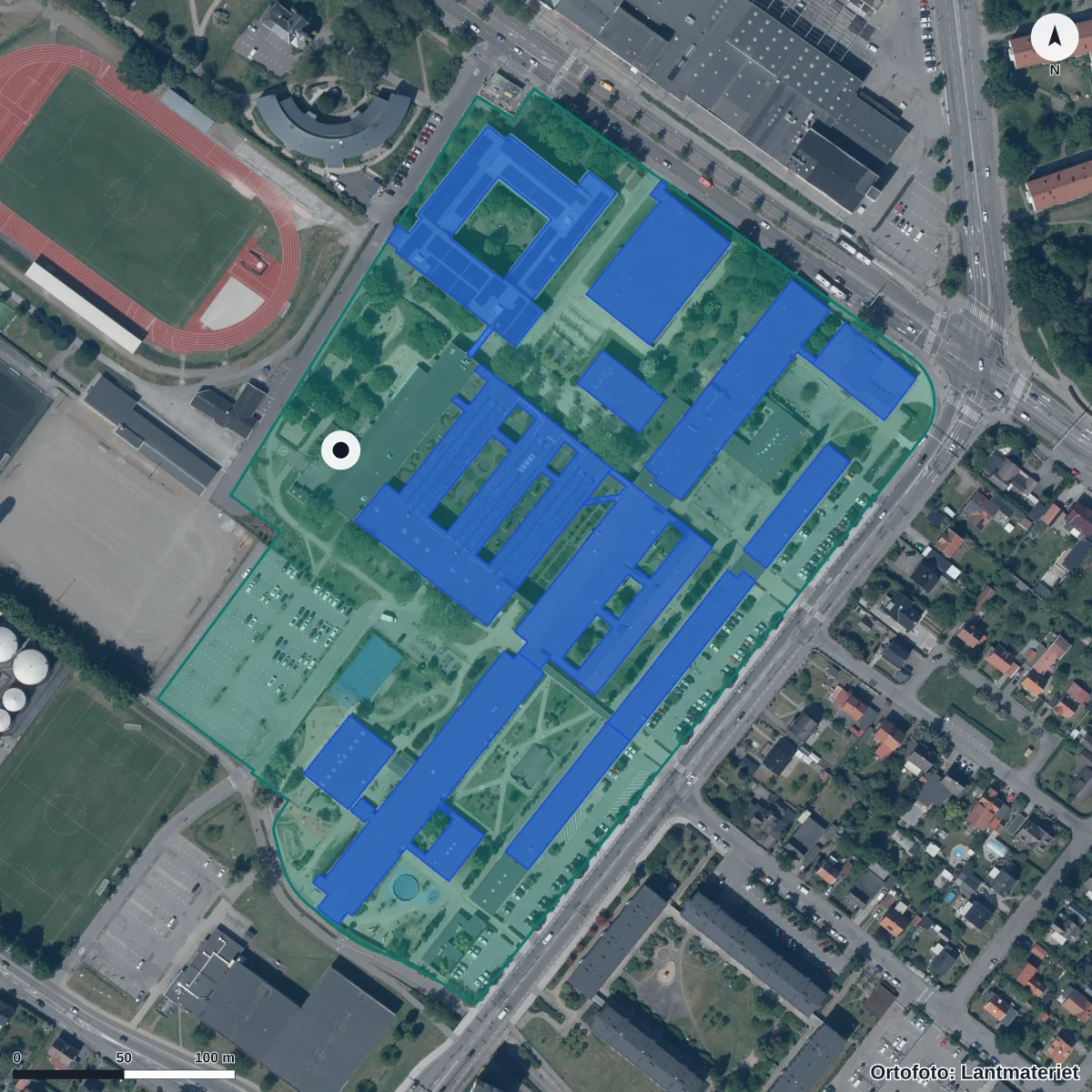 Flygbild över Heleneholms Förskola, ortofoto från Lantmäteriet