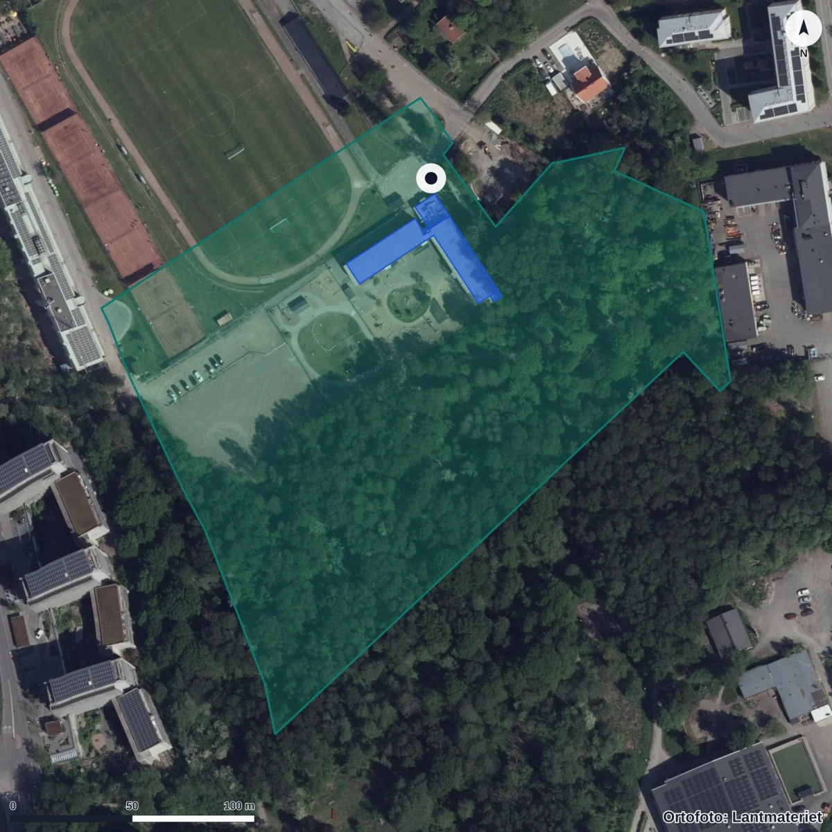 Flygbild över Orrspelsgatan 16 Förskola, ortofoto från Lantmäteriet