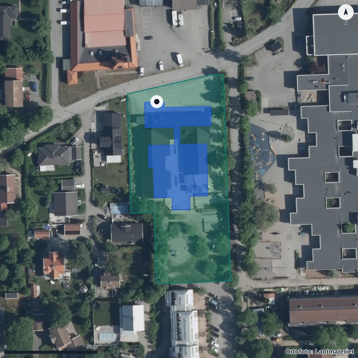 Flygbild över Ebbas Förskola, ortofoto från Lantmäteriet