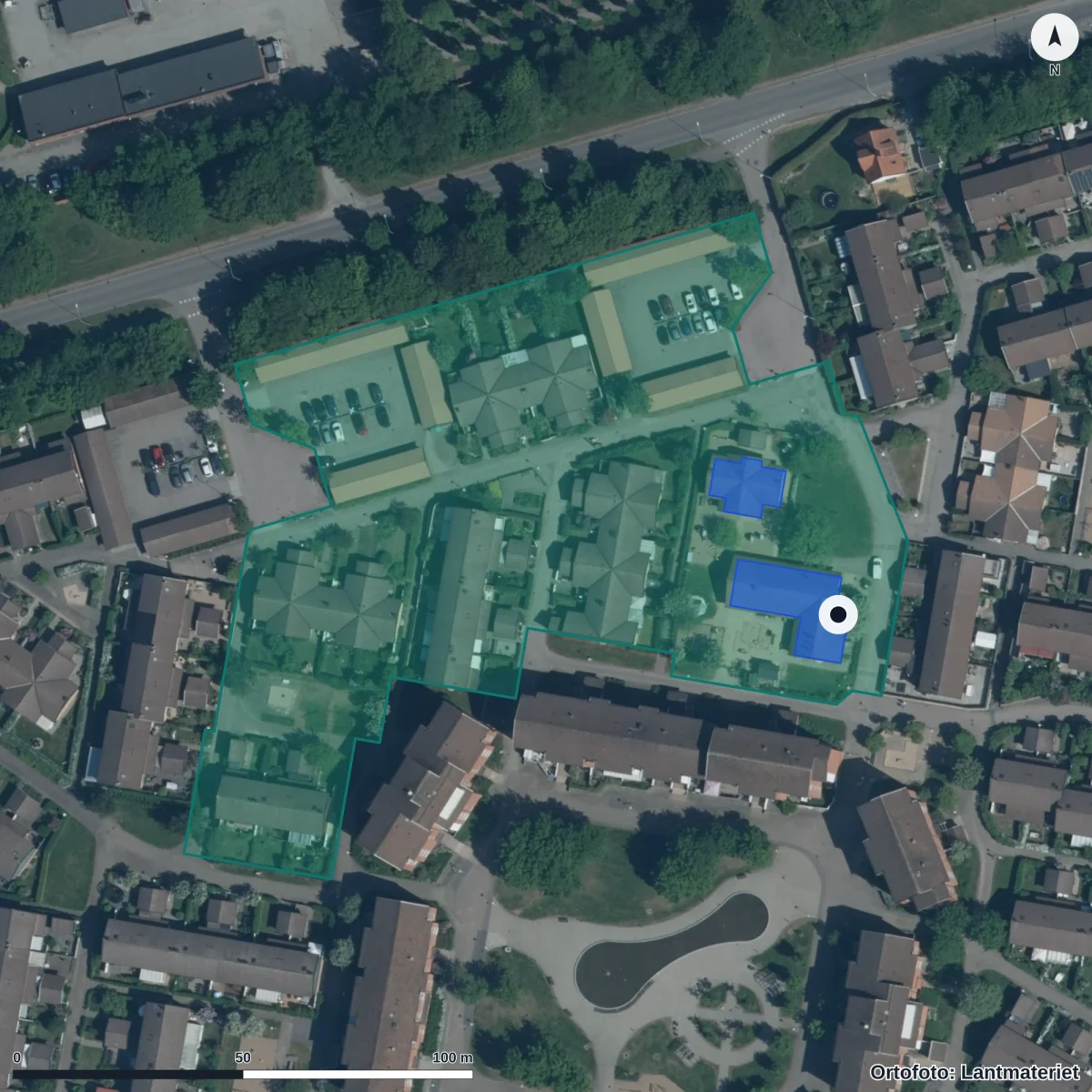 Flygbild över Pålsjö Östra Förskola, ortofoto från Lantmäteriet