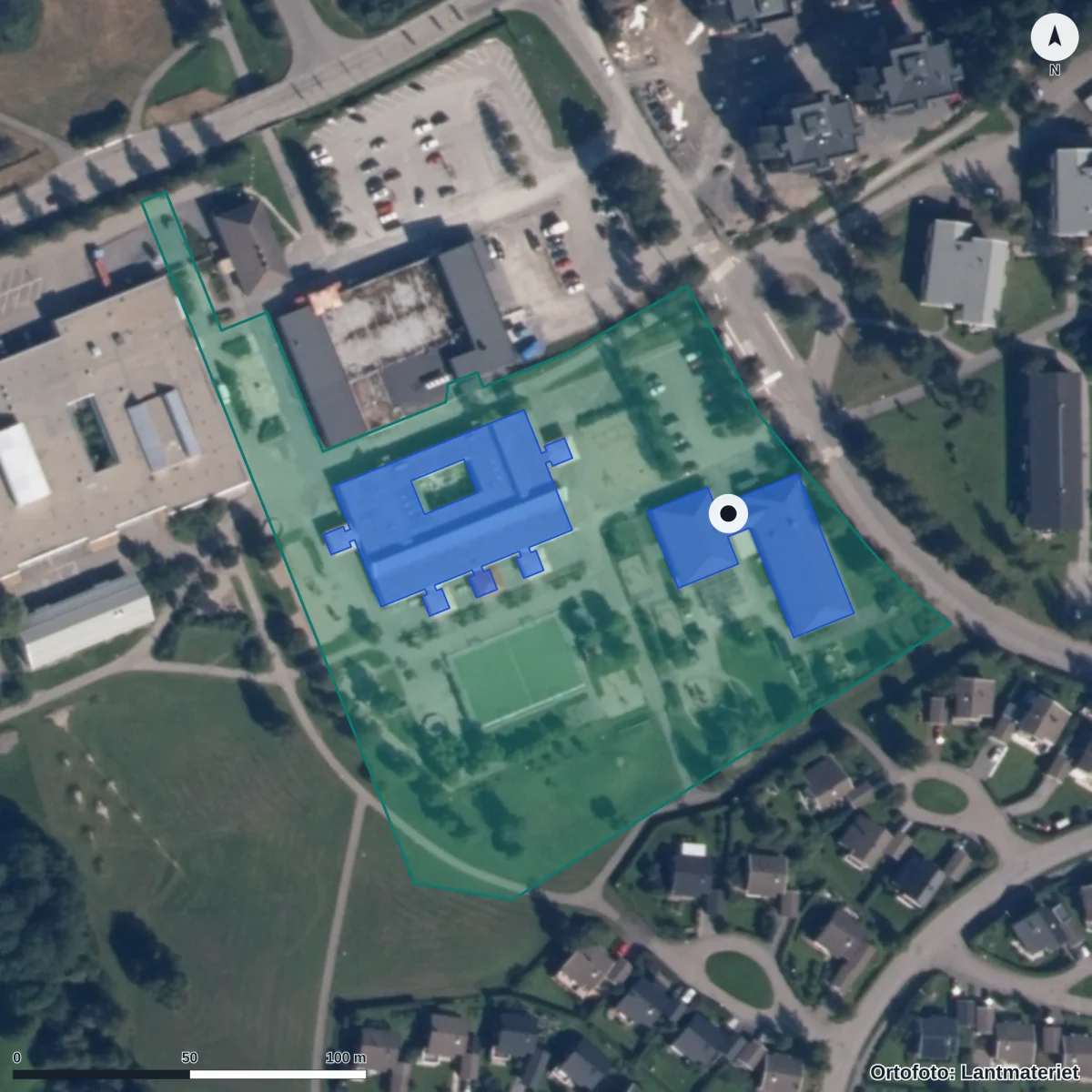 Flygbild över Önegårdens Förskola, ortofoto från Lantmäteriet