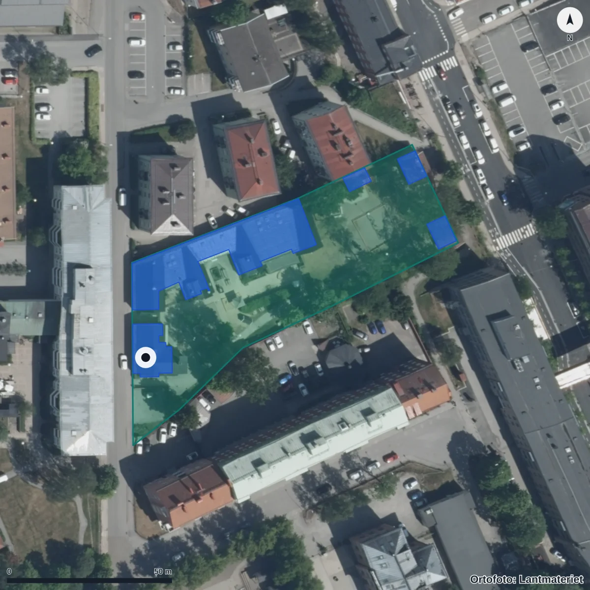 Flygbild över Oxbackens Förskola, ortofoto från Lantmäteriet