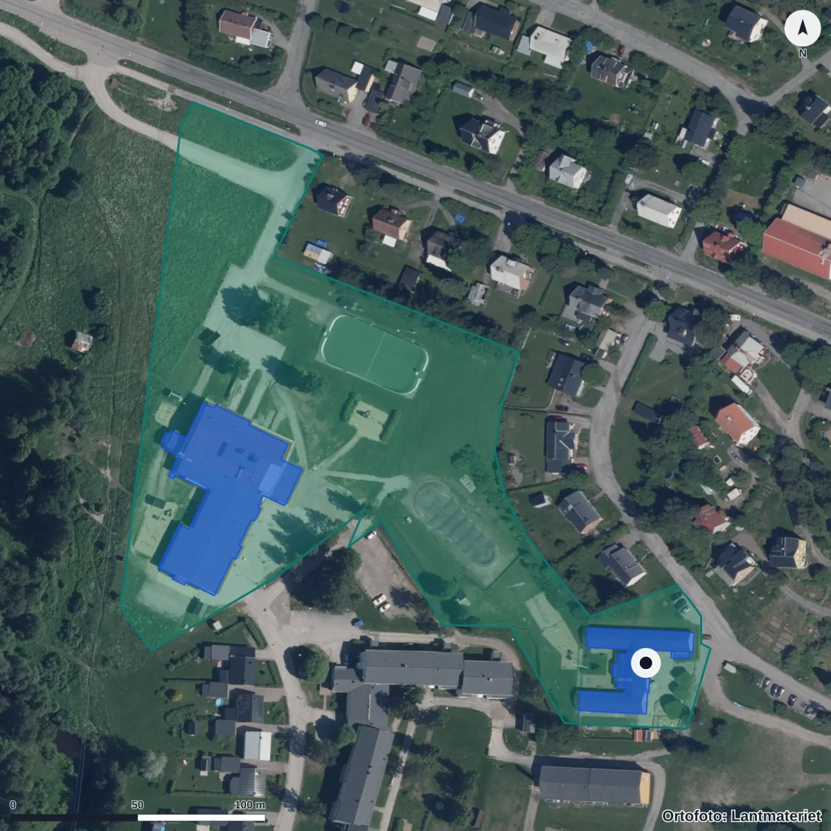 Flygbild över Bollsta Förskola, ortofoto från Lantmäteriet
