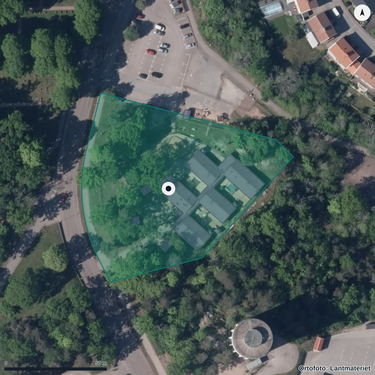 Flygbild över Södertorns Förskola, ortofoto från Lantmäteriet