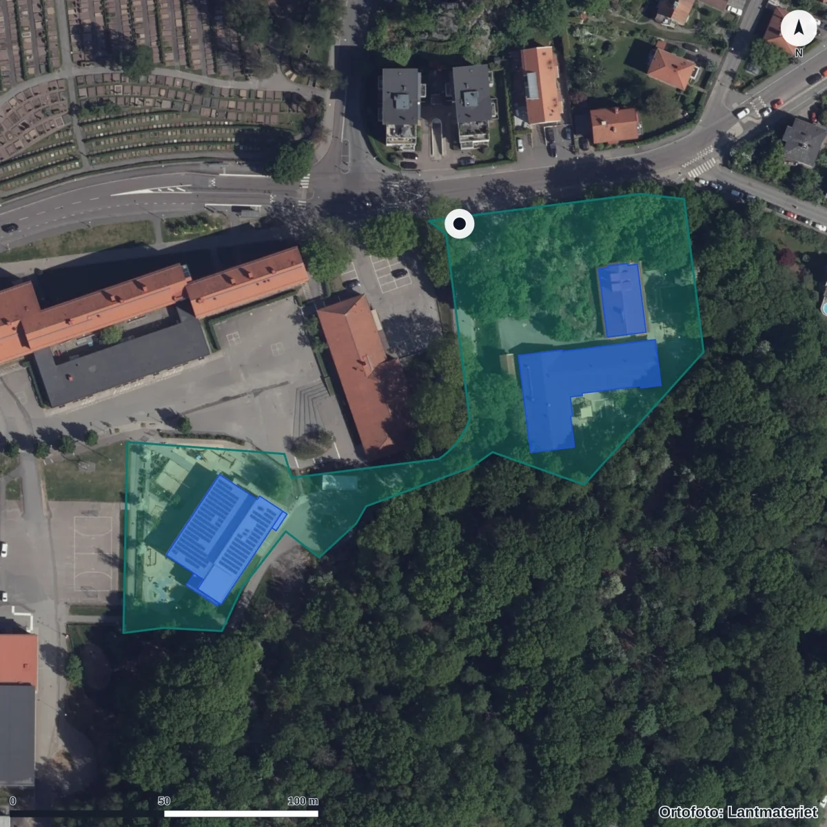 Flygbild över Kärralundsgatan 11 Förskola, ortofoto från Lantmäteriet