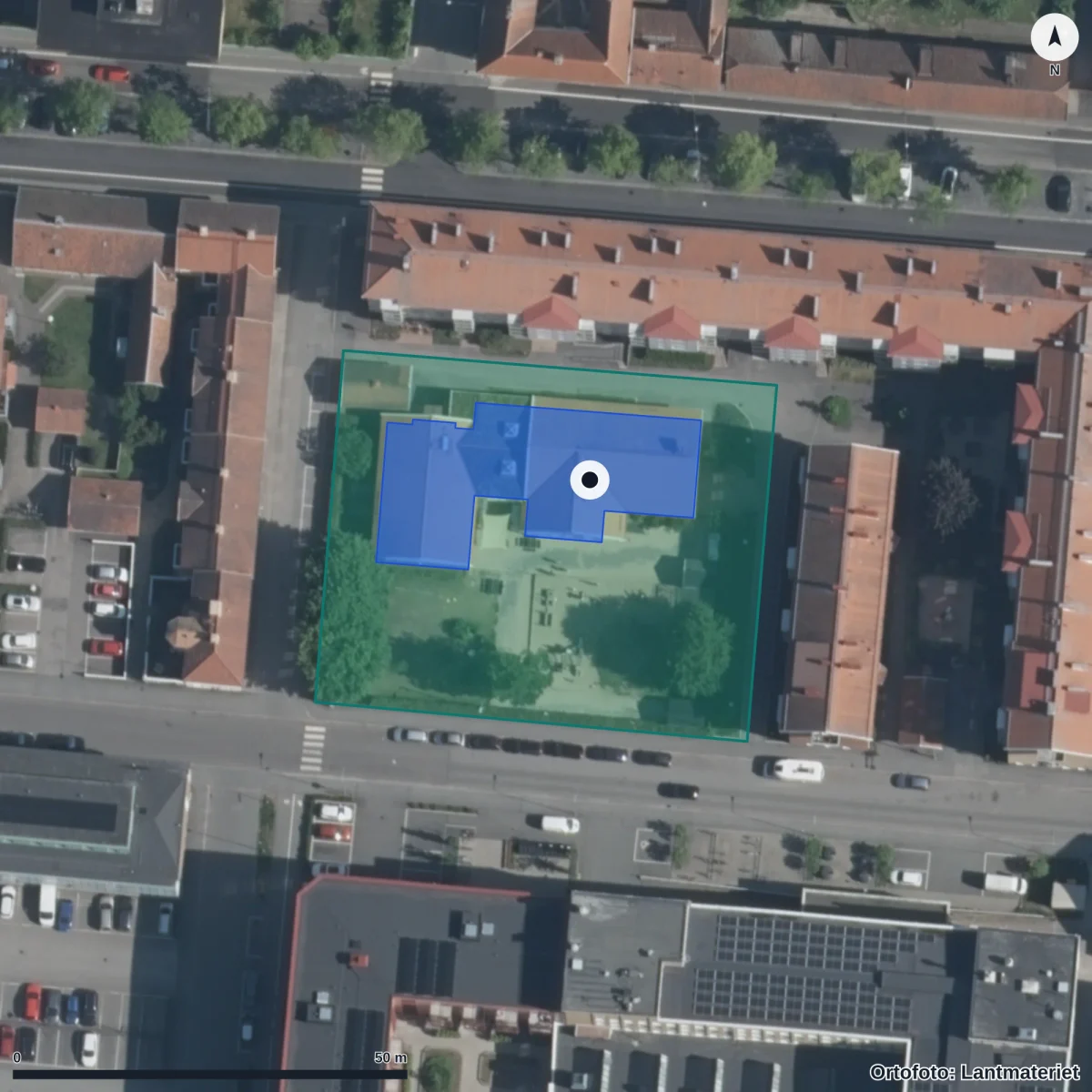 Flygbild över Östra Förskolan, ortofoto från Lantmäteriet