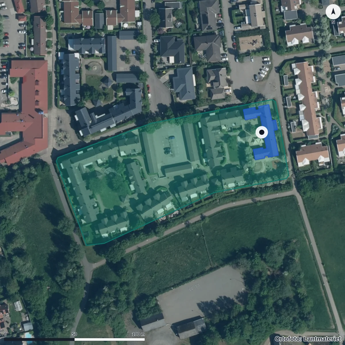 Flygbild över Hästskons Förskola, ortofoto från Lantmäteriet