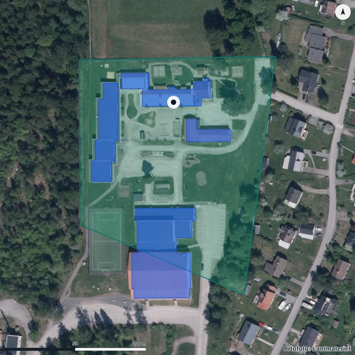 Flygbild över Lövåsens Förskola, ortofoto från Lantmäteriet