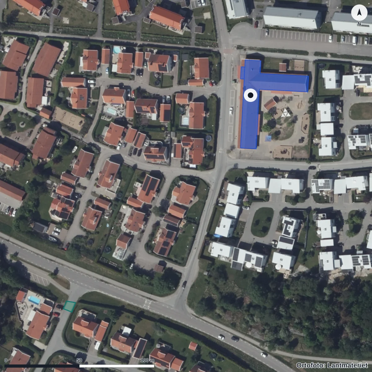 Flygbild över Getskärs Förskola, ortofoto från Lantmäteriet