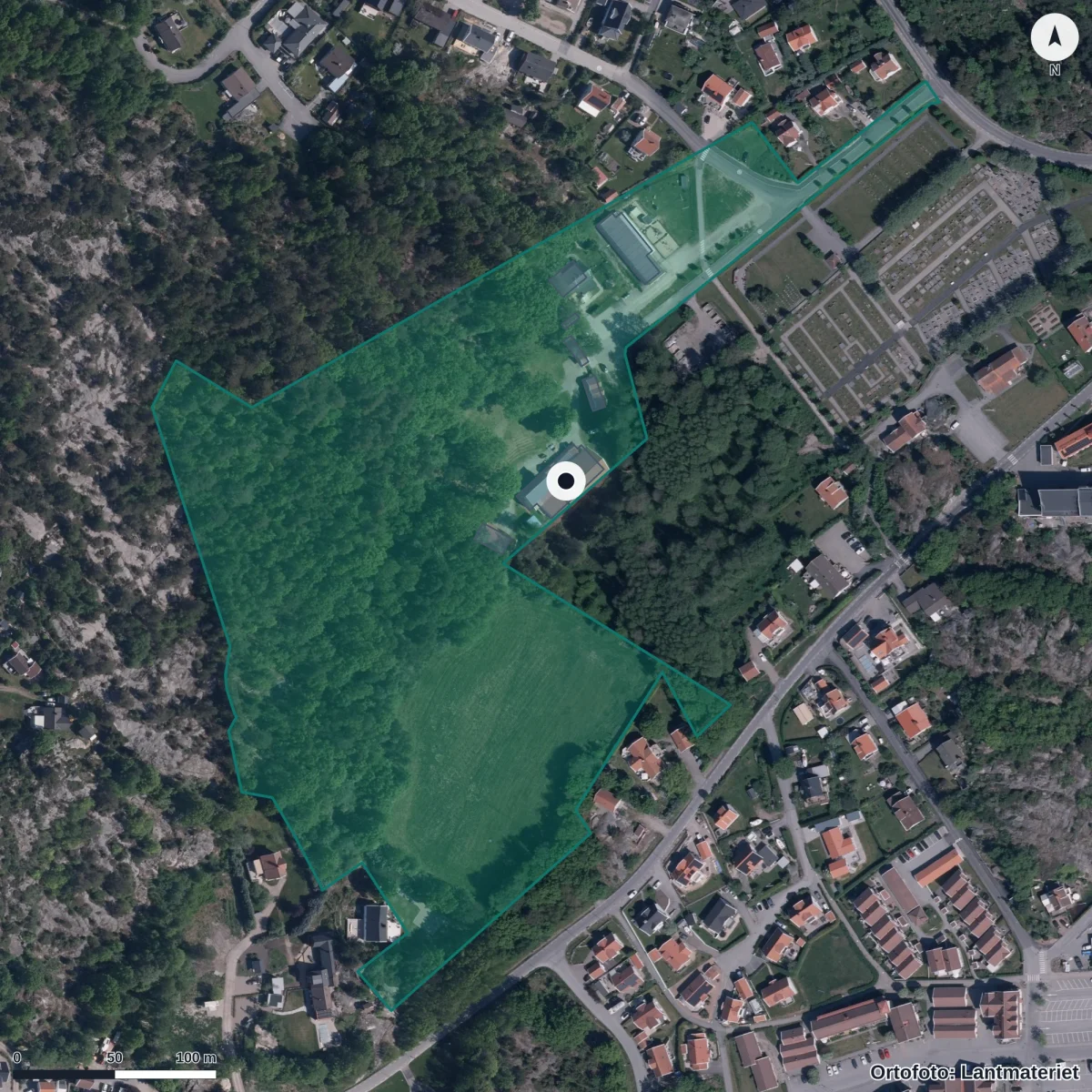 Flygbild över Naturförskolan, ortofoto från Lantmäteriet