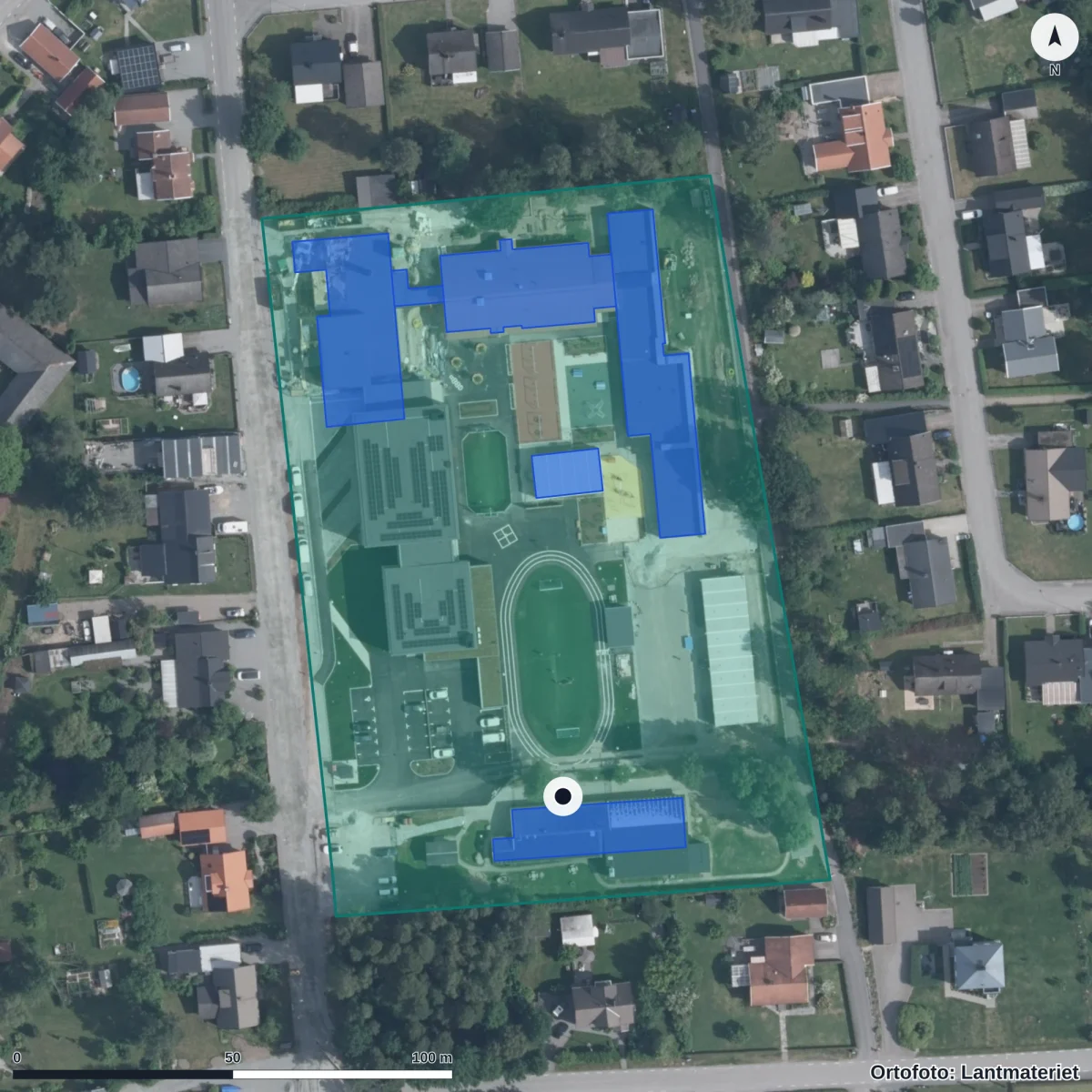 Flygbild över Grimsgårdens Förskola, ortofoto från Lantmäteriet