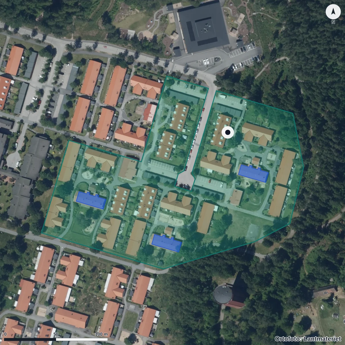 Flygbild över Skogens Förskola, ortofoto från Lantmäteriet