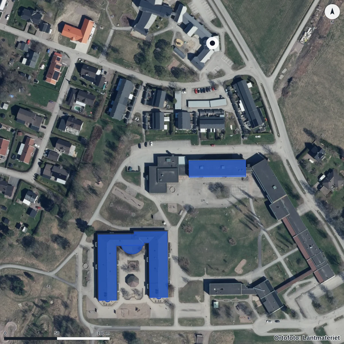 Flygbild över Bullerbyns Förskola, ortofoto från Lantmäteriet